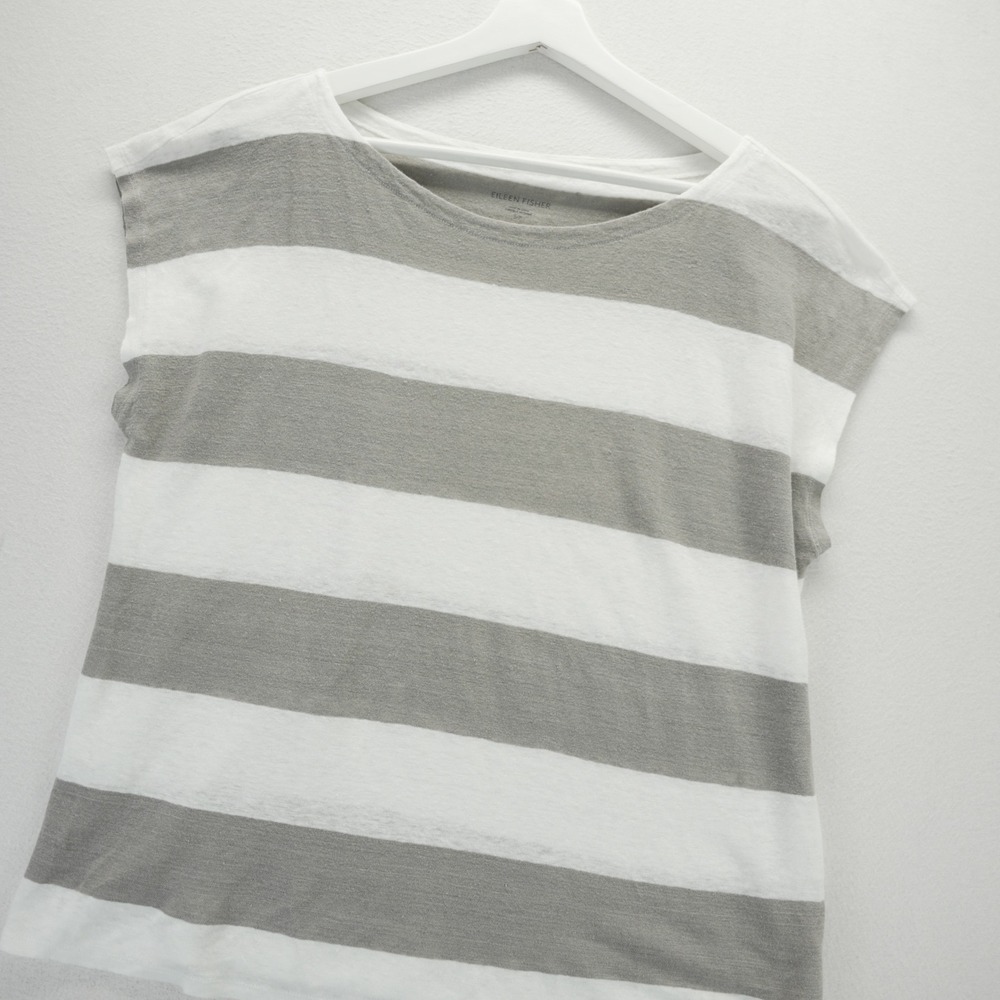 Eileen Fisher Organic Linen Striped Top Taupe White Short Sleeve Small S/P
